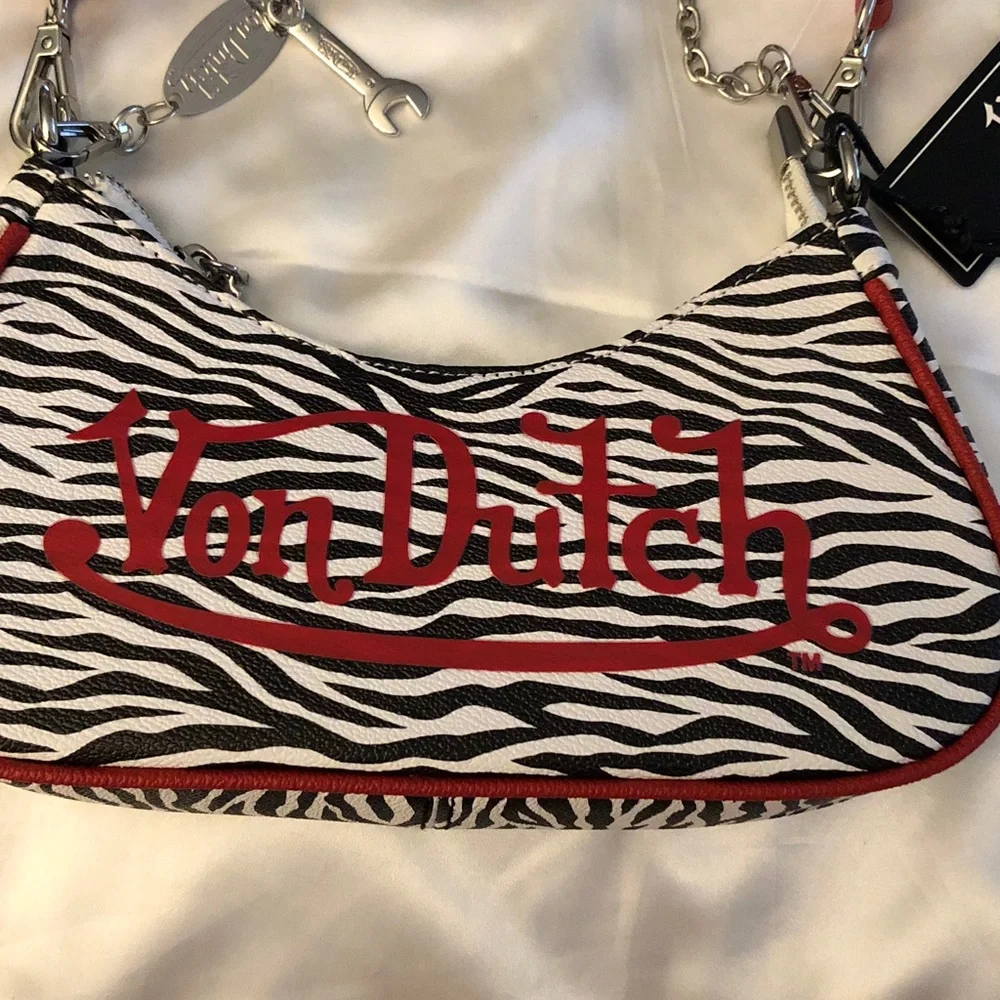 Von Dutch Zebra Print Shoulder Bag Red Trim & Logo Silver Chain + Wrench NWT
